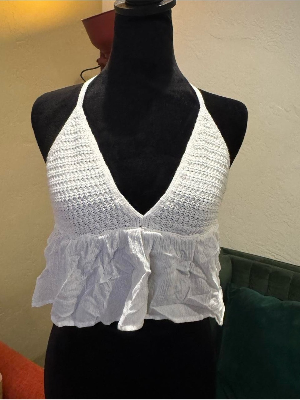 Garage White Crochet Halter Ruffle Camisole